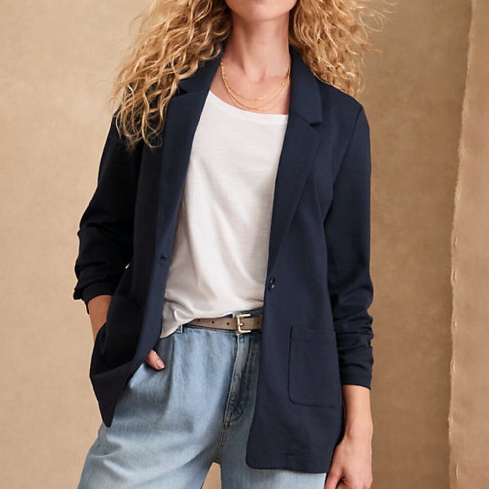 Garnet Hill Knit Relaxed Blazer 10 Navy Blue Heather 45244 minimalist career